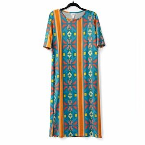 LuLaRoe Julia Dress Teal Orange Geometric Print Midi Dress Size L NWT